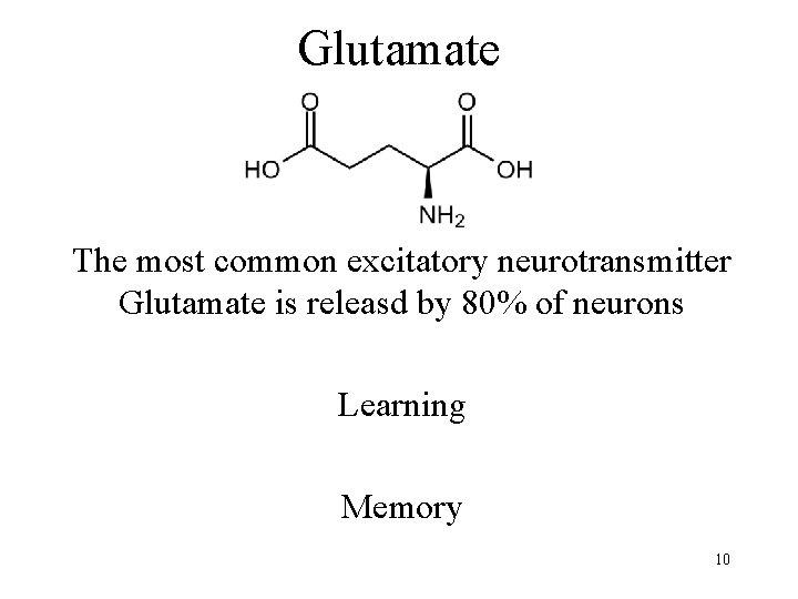 Glutamate The most common excitatory neurotransmitter Glutamate is releasd by 80% of neurons Learning