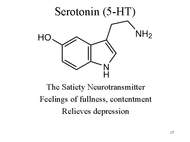 Serotonin (5 -HT) The Satiety Neurotransmitter Feelings of fullness, contentment Relieves depression 17 