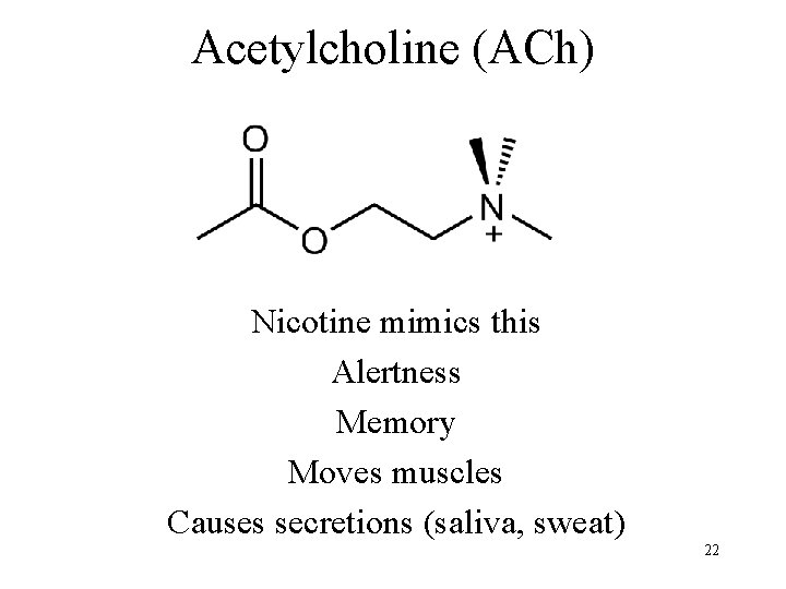 Acetylcholine (ACh) Nicotine mimics this Alertness Memory Moves muscles Causes secretions (saliva, sweat) 22