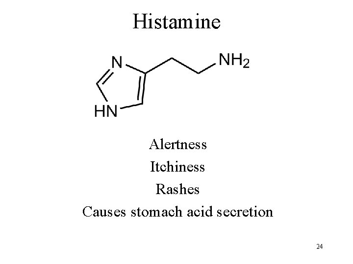 Histamine Alertness Itchiness Rashes Causes stomach acid secretion 24 