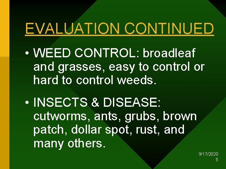 EVALUATION CONTINUED • WEED CONTROL: broadleaf and grasses, easy to control or hard to