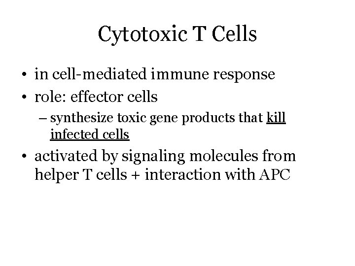 Cytotoxic T Cells • in cell-mediated immune response • role: effector cells – synthesize
