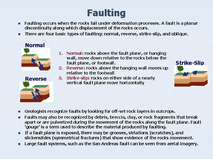 Faulting n n Faulting occurs when the rocks fail under deformation processes. A fault