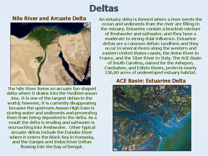 Deltas Nile River and Arcuate Delta An estuary delta is formed where a river