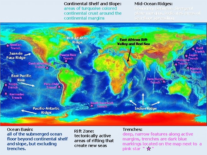 Continental Shelf and Slope: areas of turquoise colored continental crust around the continental margins