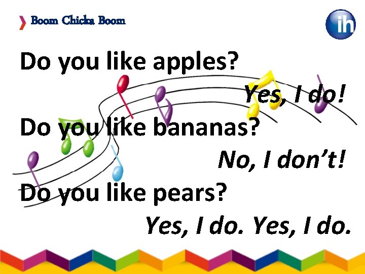 Boom Chicka Boom Do you like apples? Yes, I do! Do you like bananas?