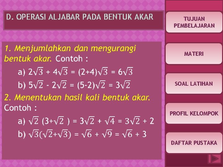 D. OPERASI ALJABAR PADA BENTUK AKAR TUJUAN PEMBELAJARAN MATERI SOAL LATIHAN PROFIL KELOMPOK DAFTAR