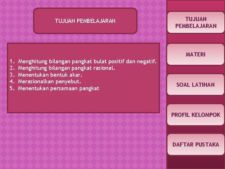 TUJUAN PEMBELAJARAN 1. 2. 3. 4. 5. Menghitung bilangan pangkat bulat positif dan negatif.