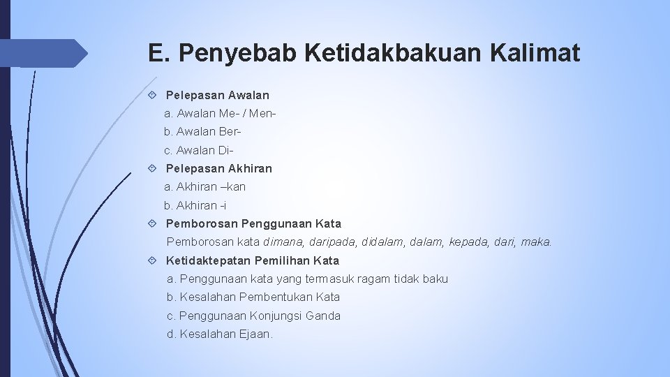 E. Penyebab Ketidakbakuan Kalimat Pelepasan Awalan a. Awalan Me- / Menb. Awalan Berc. Awalan
