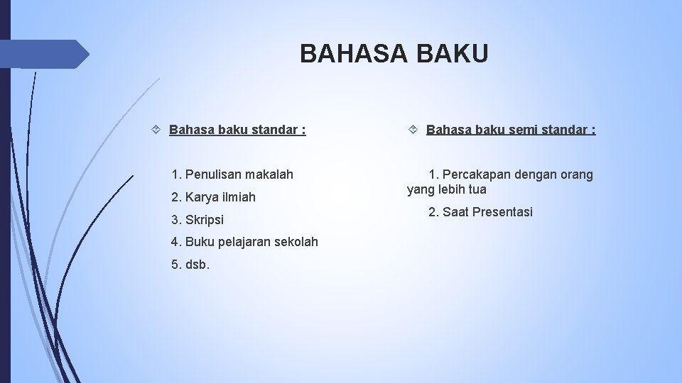 BAHASA BAKU Bahasa baku standar : 1. Penulisan makalah 2. Karya ilmiah 3. Skripsi
