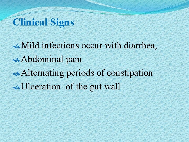 Clinical Signs Mild infections occur with diarrhea, Abdominal pain Alternating periods of constipation Ulceration