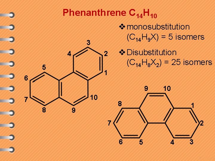 Phenanthrene C 14 H 10 v monosubstitution (C 14 H 9 X) = 5