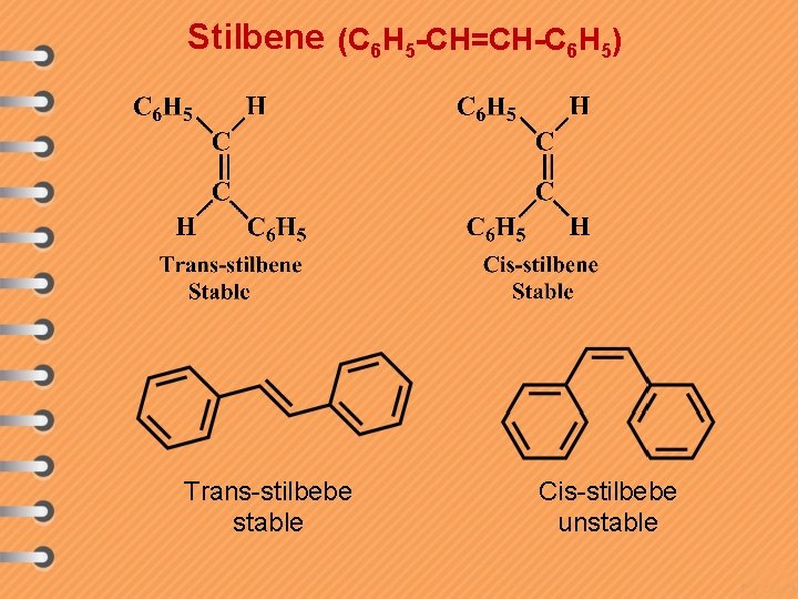 Stilbene (C 6 H 5 -CH=CH-C 6 H 5) Trans-stilbebe stable Cis-stilbebe unstable 