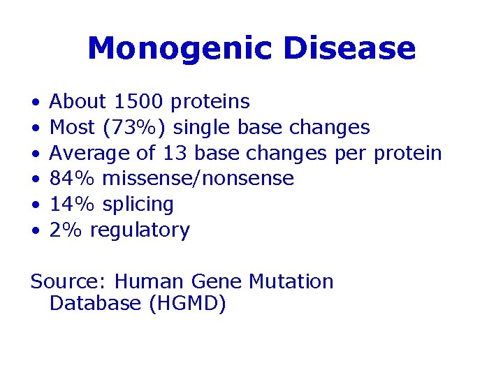 Monogenic Disease • • • About 1500 proteins Most (73%) single base changes Average