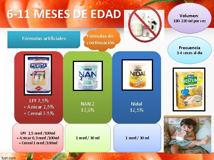 6 -11 MESES DE EDAD Fórmulas artificiales Volumen: 180 -220 ml por vez Fórmulas