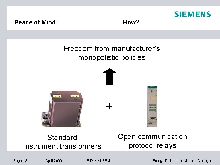 Peace of Mind: How? Freedom from manufacturer’s monopolistic policies + Standard Instrument transformers Page