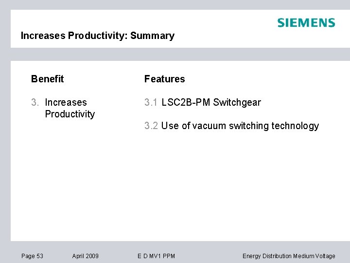 Increases Productivity: Summary Benefit Features 3. Increases Productivity 3. 1 LSC 2 B-PM Switchgear