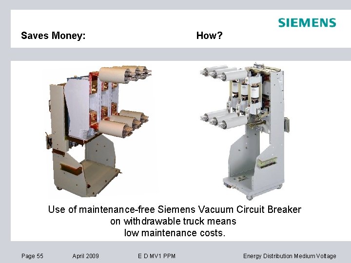 Saves Money: How? Use of maintenance-free Siemens Vacuum Circuit Breaker on withdrawable truck means