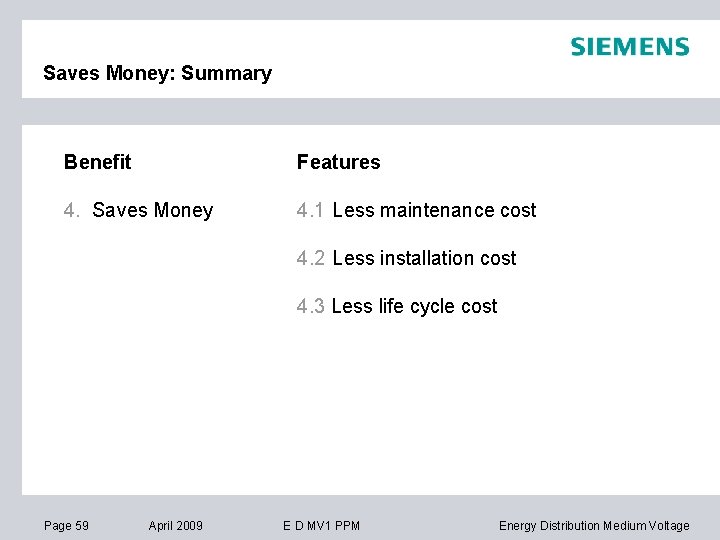 Saves Money: Summary Benefit Features 4. Saves Money 4. 1 Less maintenance cost 4.
