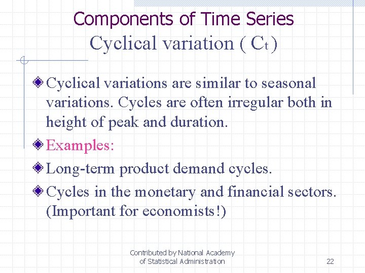 Components of Time Series Cyclical variation ( Ct ) Cyclical variations are similar to