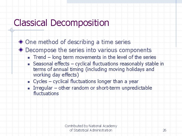 Classical Decomposition One method of describing a time series Decompose the series into various
