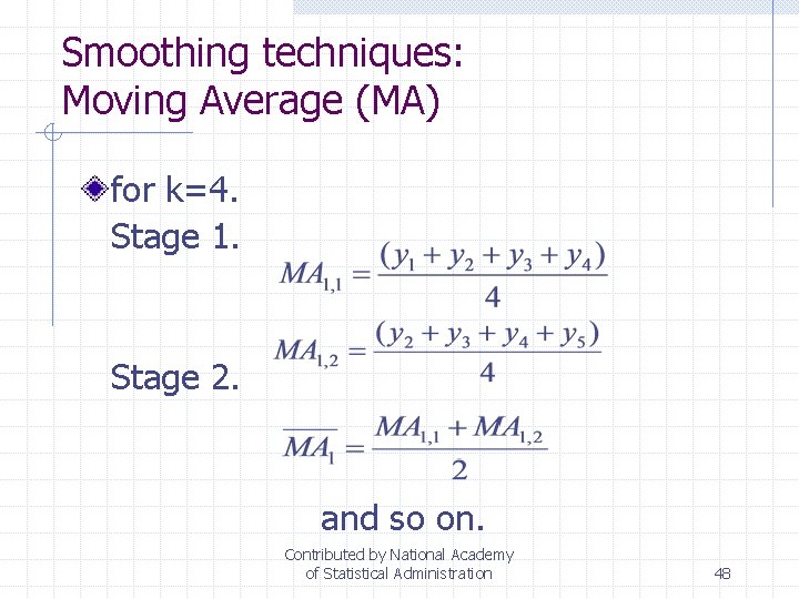 Smoothing techniques: Moving Average (MA) for k=4. Stage 1. Stage 2. and so on.