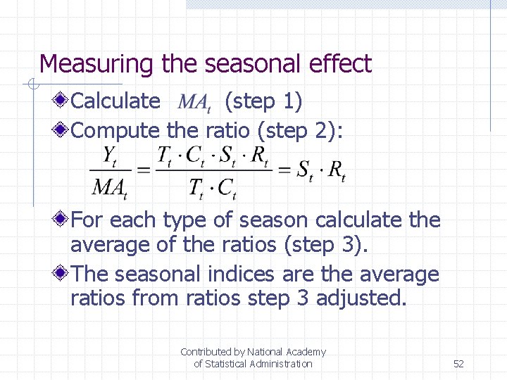 Measuring the seasonal effect Calculate (step 1) Compute the ratio (step 2): For each