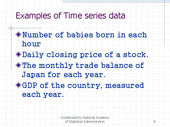 Examples of Time series data Number of babies born in each hour Daily closing
