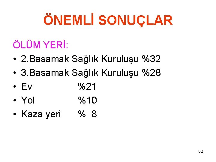 ÖNEMLİ SONUÇLAR ÖLÜM YERİ: • 2. Basamak Sağlık Kuruluşu %32 • 3. Basamak Sağlık