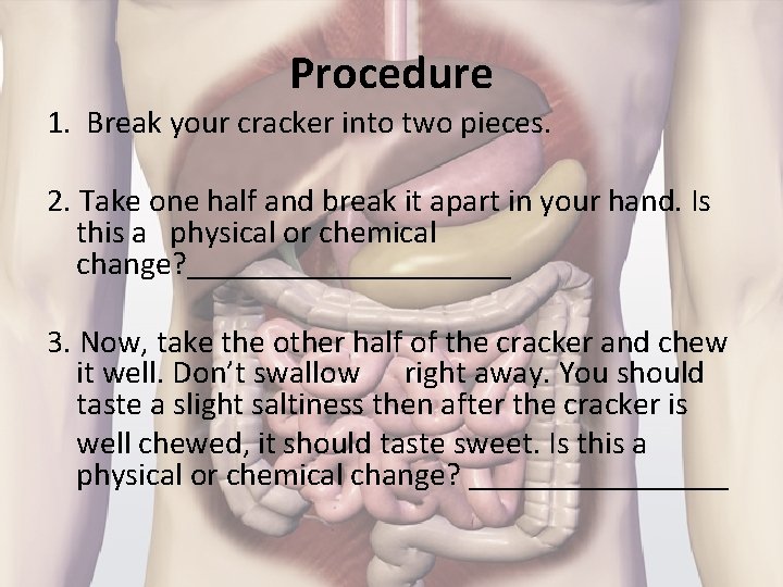 Procedure 1. Break your cracker into two pieces. 2. Take one half and break