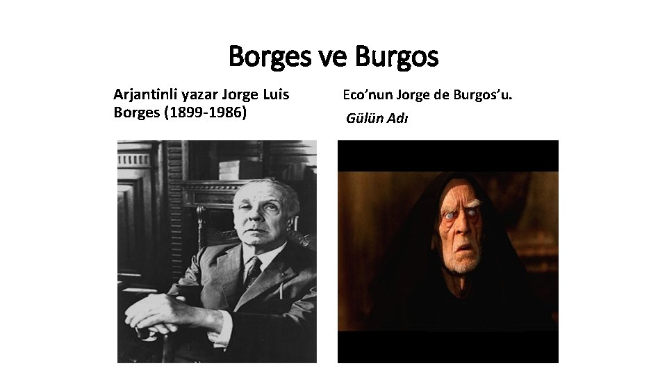 Borges ve Burgos Arjantinli yazar Jorge Luis Borges (1899 -1986) Eco’nun Jorge de Burgos’u.