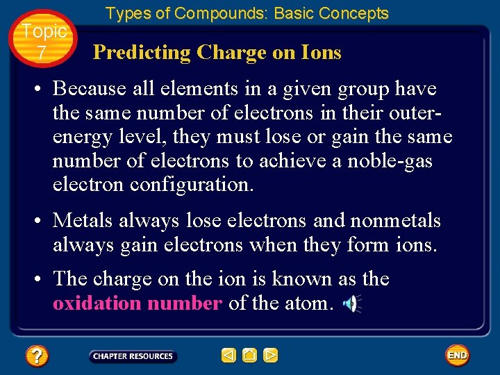 Topic 7 Types of Compounds: Basic Concepts Predicting Charge on Ions • Because all