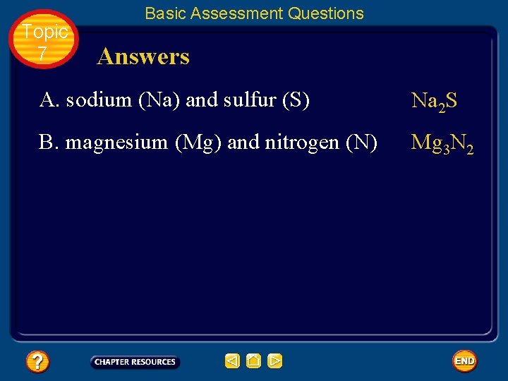 Topic 7 Basic Assessment Questions Answers A. sodium (Na) and sulfur (S) Na 2