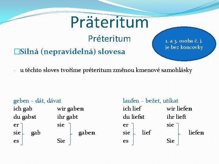 Präteritum Préteritum �Silná (nepravidelná) slovesa 1. a 3. osoba č. j. je bez koncovky