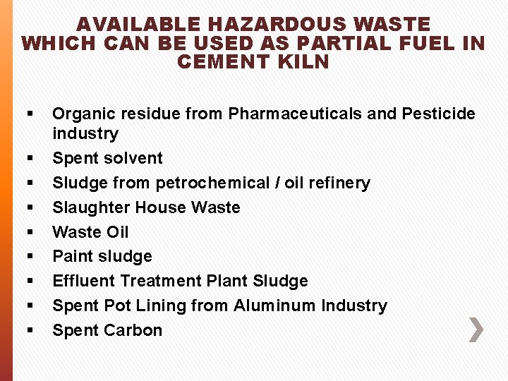 AVAILABLE HAZARDOUS WASTE WHICH CAN BE USED AS PARTIAL FUEL IN CEMENT KILN Organic