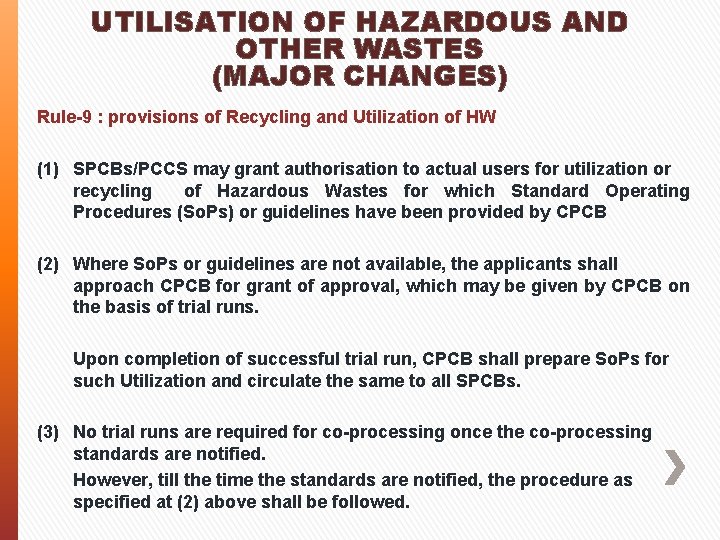 UTILISATION OF HAZARDOUS AND OTHER WASTES (MAJOR CHANGES) Rule-9 : provisions of Recycling and