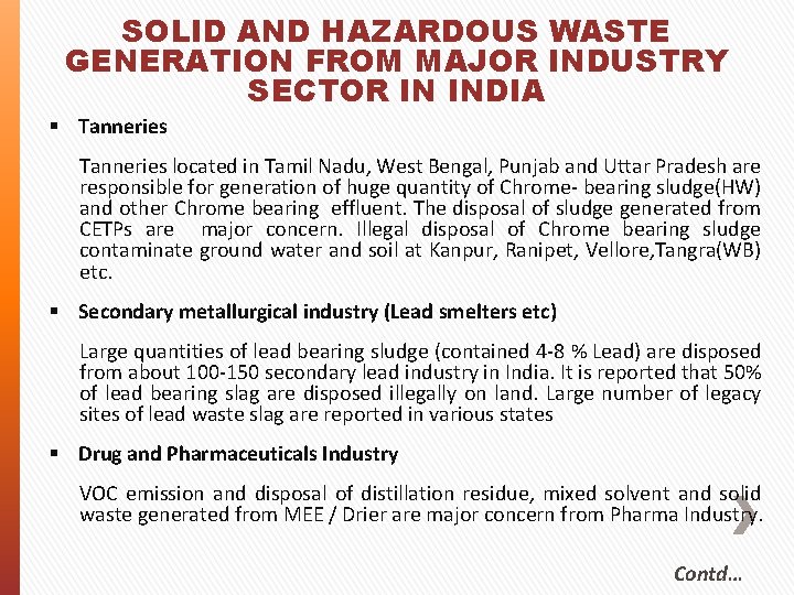 SOLID AND HAZARDOUS WASTE GENERATION FROM MAJOR INDUSTRY SECTOR IN INDIA Tanneries located in
