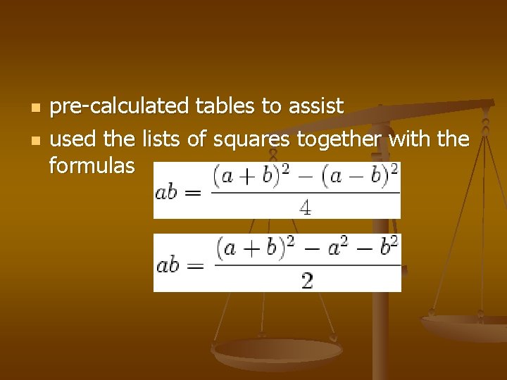 n n pre-calculated tables to assist used the lists of squares together with the