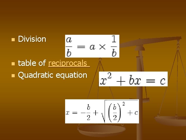 n n n Division table of reciprocals Quadratic equation 