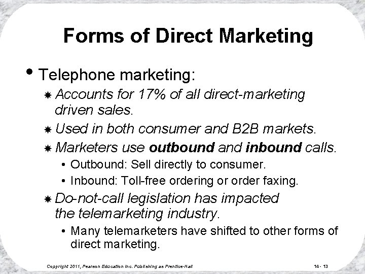 Forms of Direct Marketing • Telephone marketing: Accounts for 17% of all direct-marketing driven