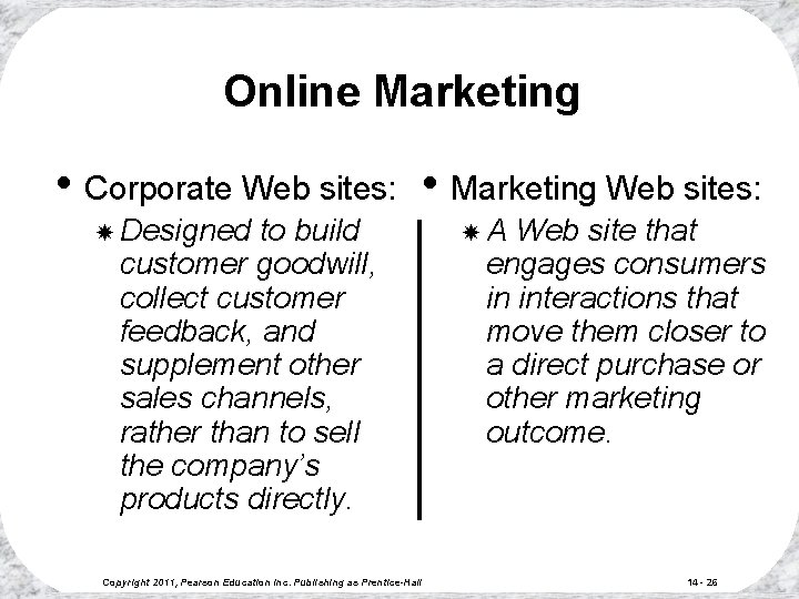 Online Marketing • Corporate Web sites: • Marketing Web sites: Designed to build customer