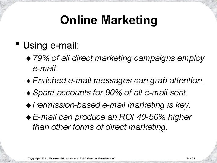 Online Marketing • Using e-mail: 79% of all direct marketing campaigns employ e-mail. Enriched