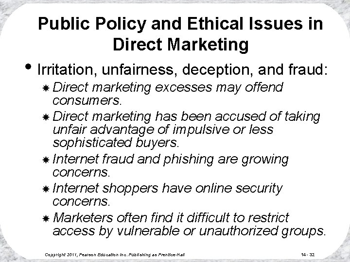Public Policy and Ethical Issues in Direct Marketing • Irritation, unfairness, deception, and fraud: