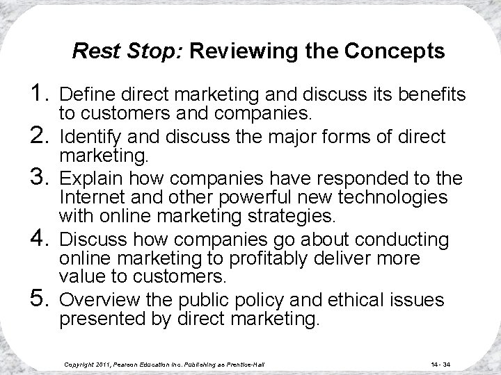 Rest Stop: Reviewing the Concepts 1. 2. 3. 4. 5. Define direct marketing and