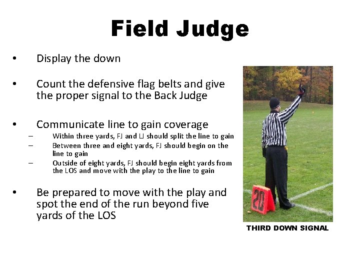 Field Judge • Display the down • Count the defensive flag belts and give
