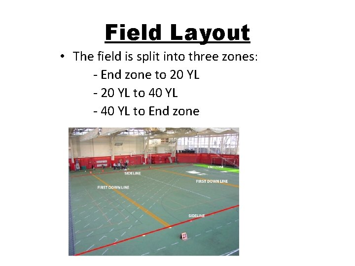 Field Layout • The field is split into three zones: - End zone to