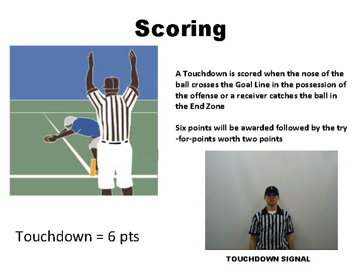 Scoring A Touchdown is scored when the nose of the ball crosses the Goal