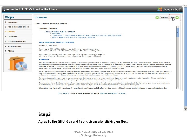 Step 3 Agree to the GNU General Public License by clicking on Next NACLIN