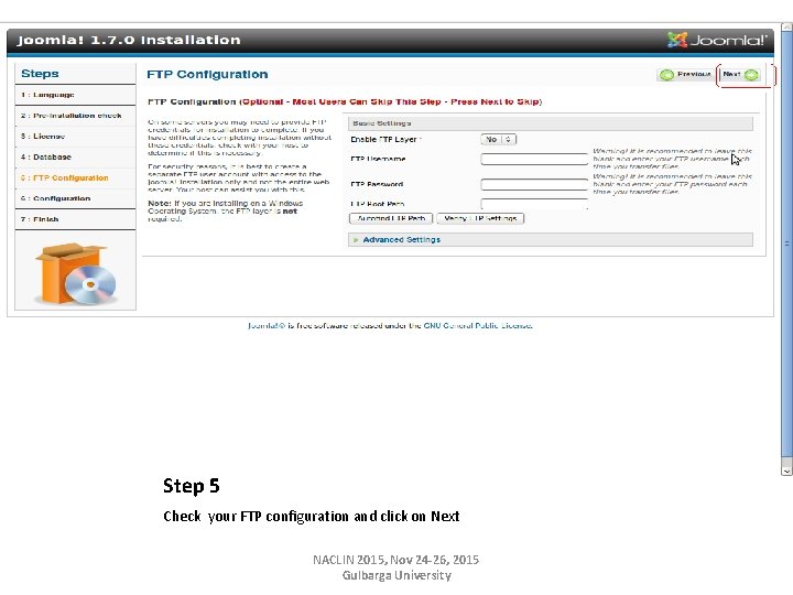 Step 5 Check your FTP configuration and click on Next NACLIN 2015, Nov 24