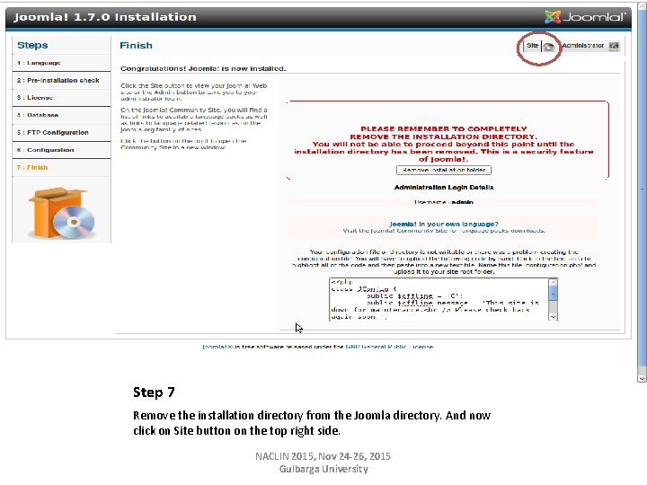 Step 7 Remove the installation directory from the Joomla directory. And now click on